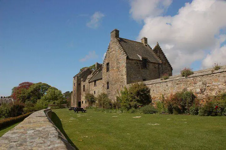 Stepped gable and stone terrace wall at Aberdour Castle
