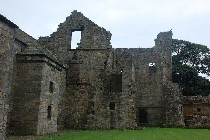 Roofless gable and window openings at Aberdour Castle