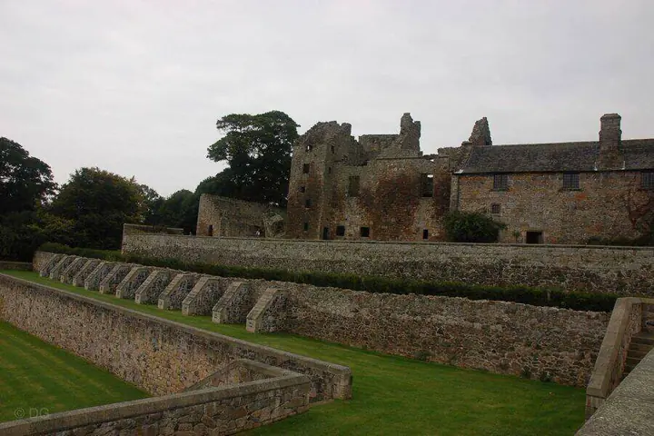 Aberdour Castle seen across stepped garden terraces