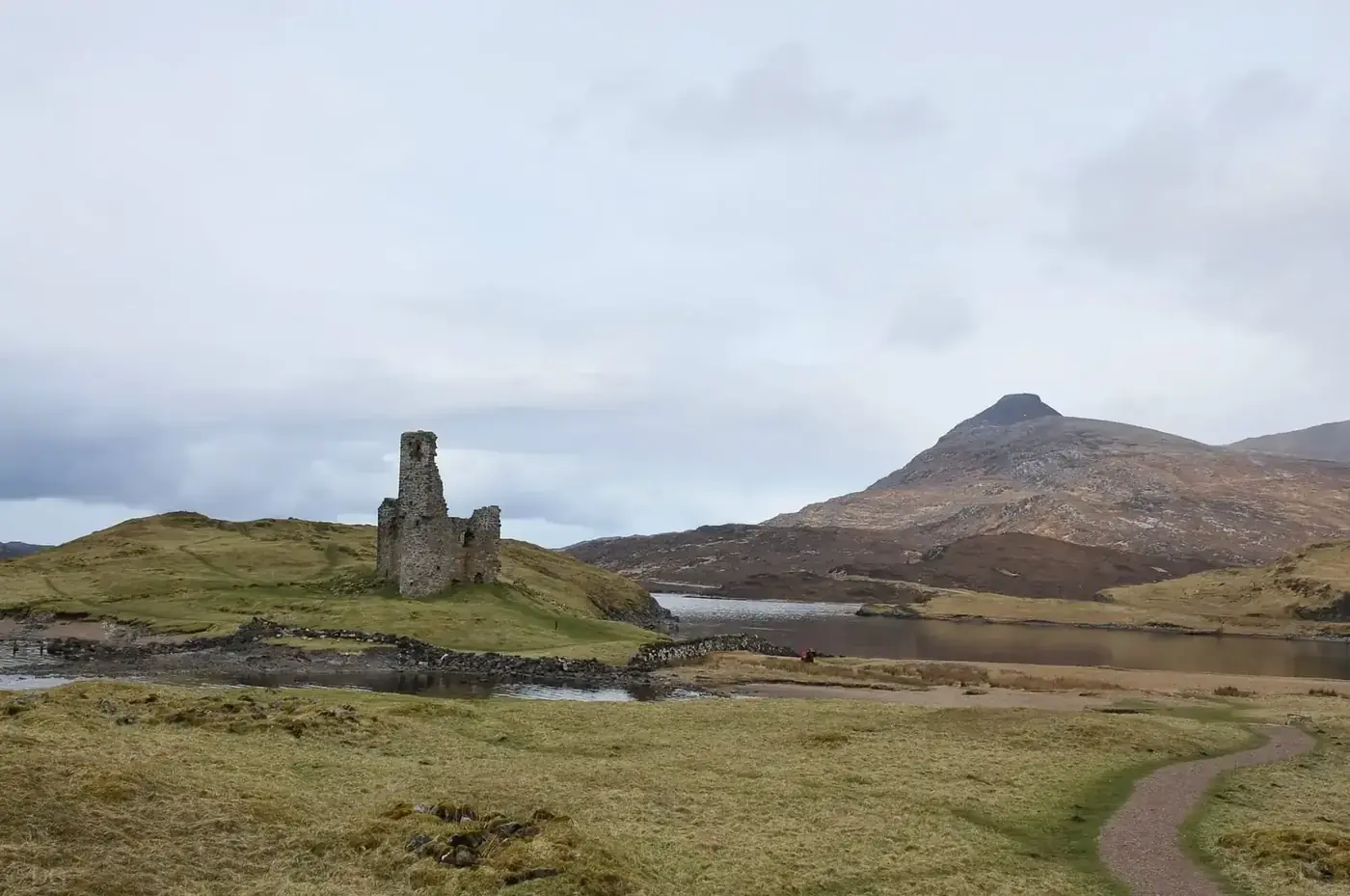 Ardvreck Castle ruins beside the loch with a mountain beyond