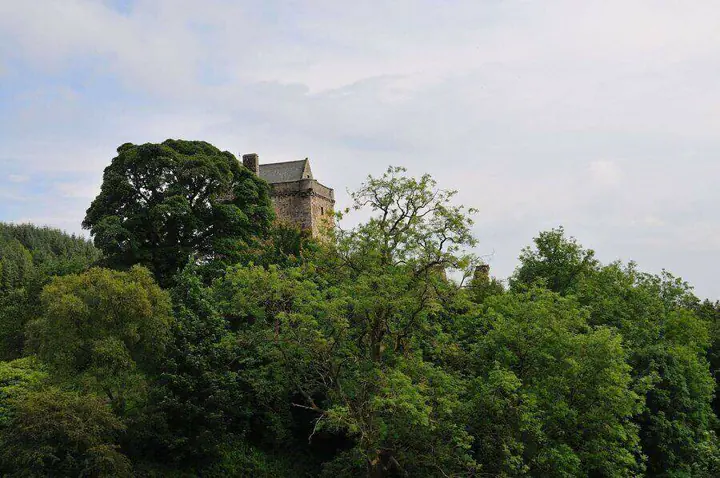 Castle Campbell tower partly hidden by dense green trees