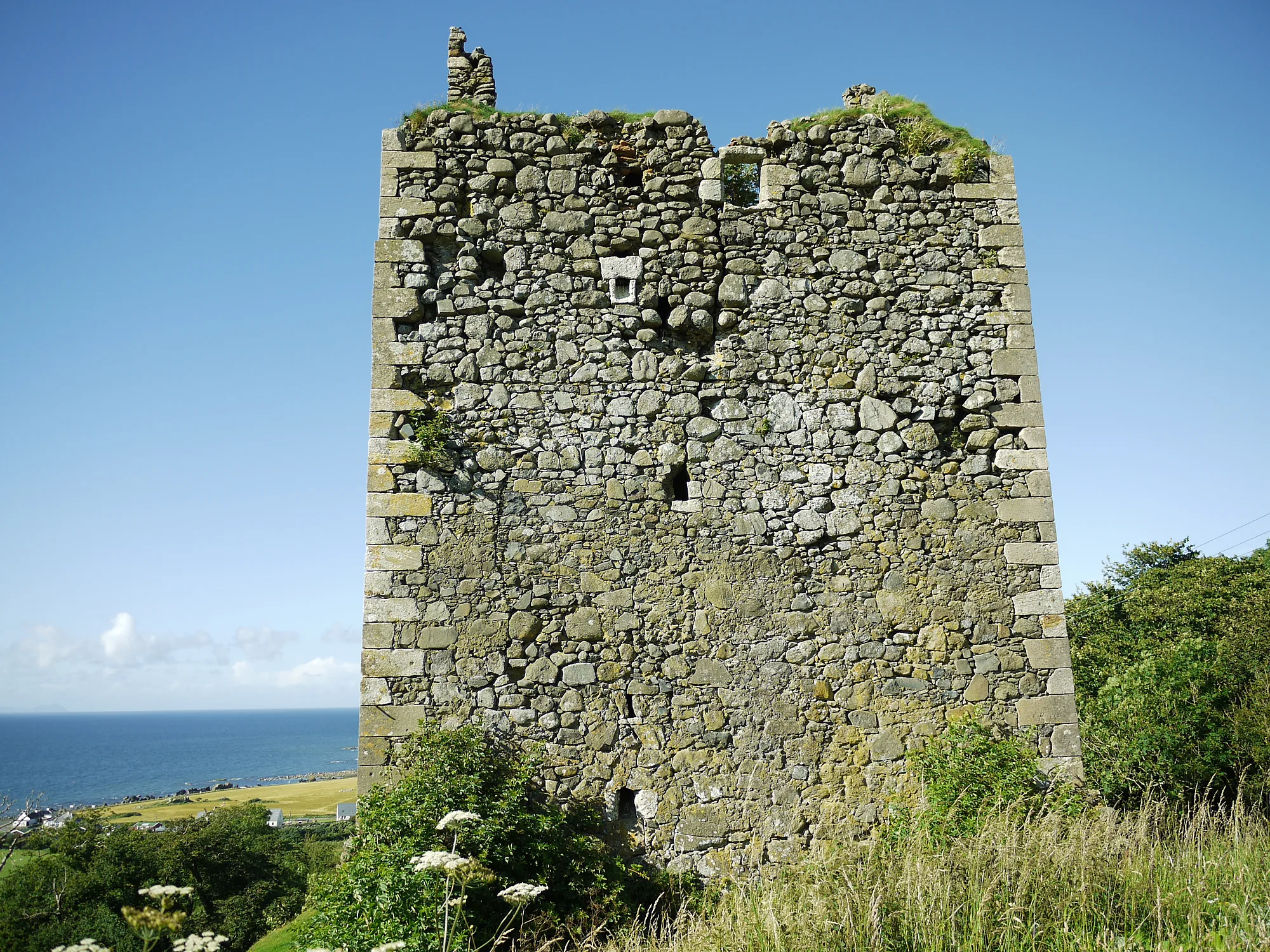 Carleton Castle standing stone tower wall above the sea and coastal grass