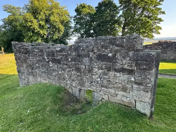 Ruined stone enclosure walls beside trees at Clackmannan Tower