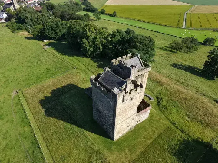 Aerial view of the open top of Clackmannan Tower and surrounding fields