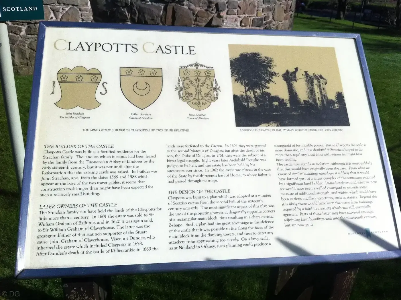 Information board with heraldic illustrations at Claypotts Castle