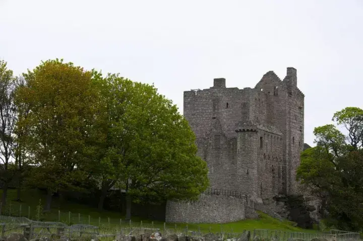 Craigmillar Castle tower behind a cluster of trees