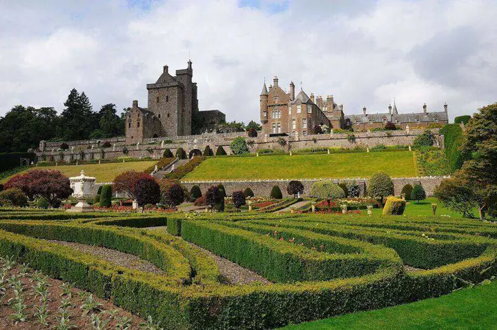 Geometric hedges in the gardens below Drummond Castle