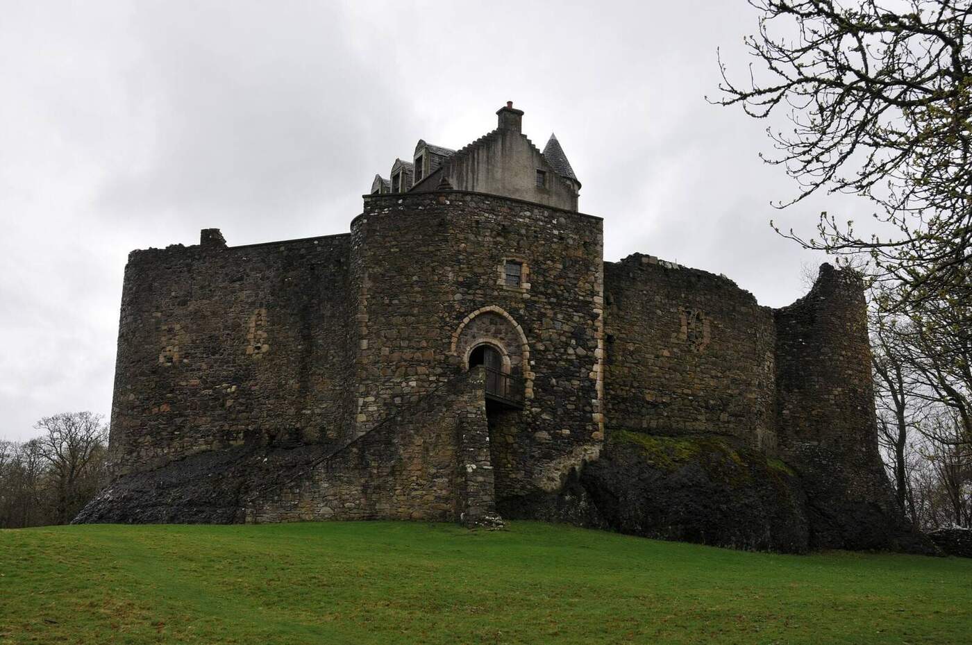Dunstaffnage Castle entrance tower and staircase above exposed rock