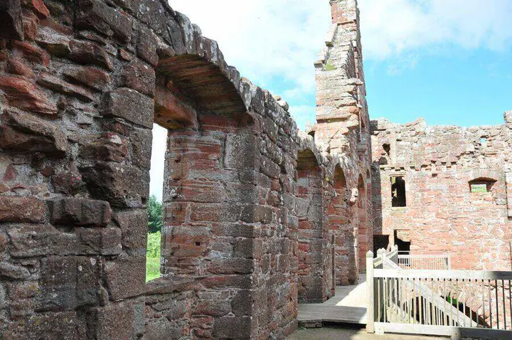 Window opening and wooden walkway inside the ruins of Edzell Castle