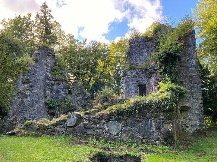 Broken walls and vegetation within Finlarig Castle ruins