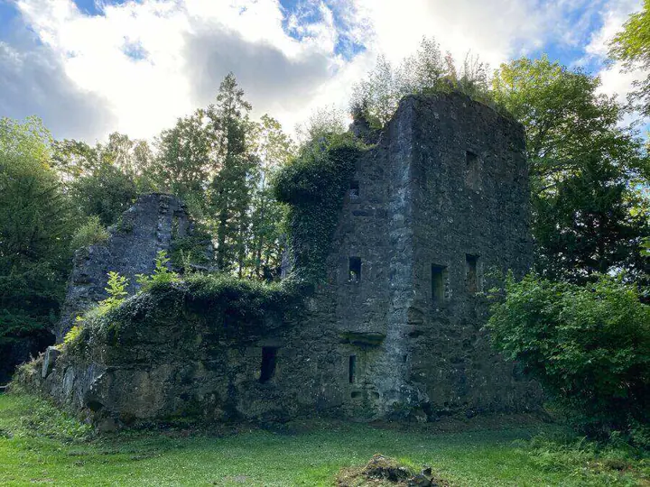 Ruined gable and overgrown walls of Finlarig Castle