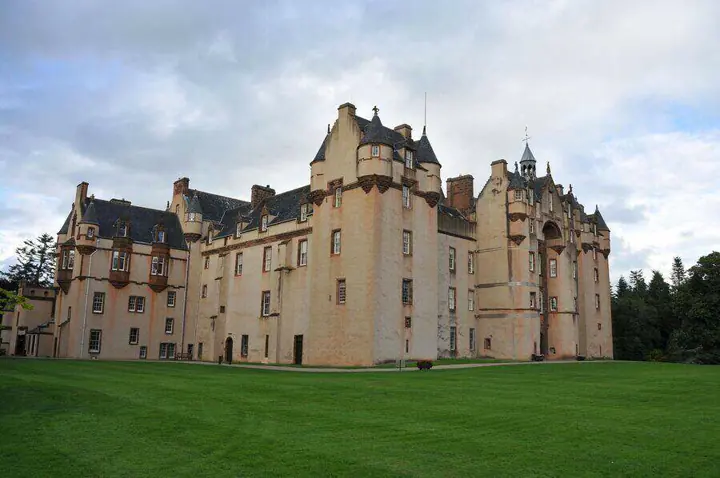 Corner view of Fyvie Castle with turrets and stepped gables