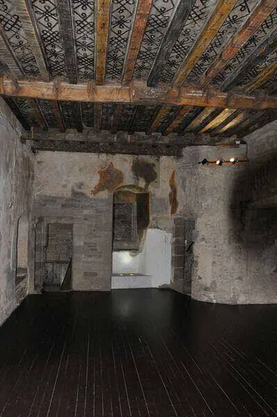 Painted timber ceiling and wall decoration inside Huntingtower Castle