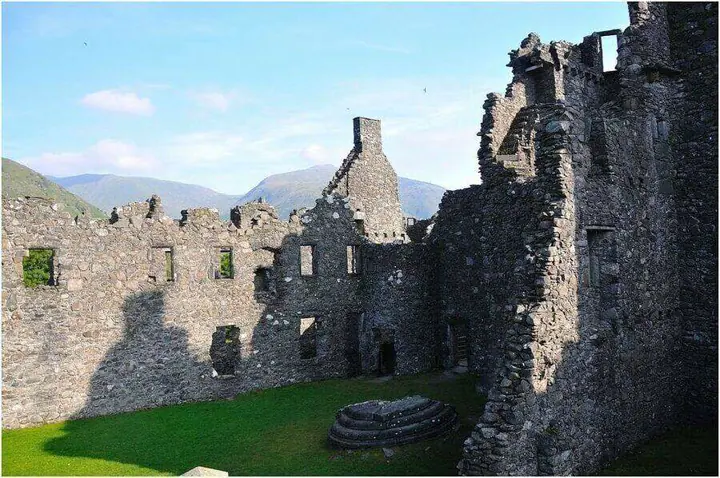 Roofless walls and green courtyard inside Kilchurn Castle