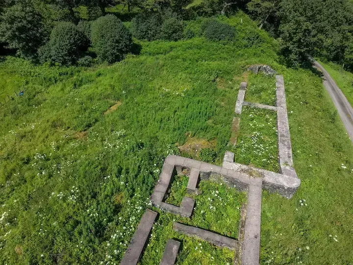 Long rectangular wall foundations at Lochwood Castle seen from above