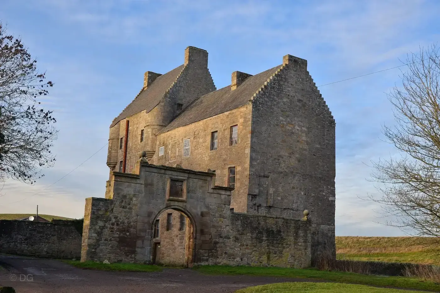 Midhope Castle with its arched gateway and stepped gable