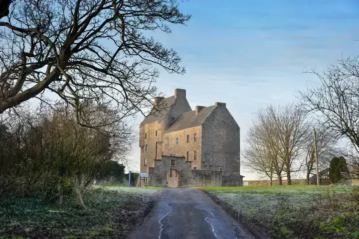 Tree-lined lane leading to Midhope Castle across frosty grass