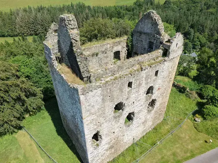 Roofless Newark Castle walls and gables viewed from above