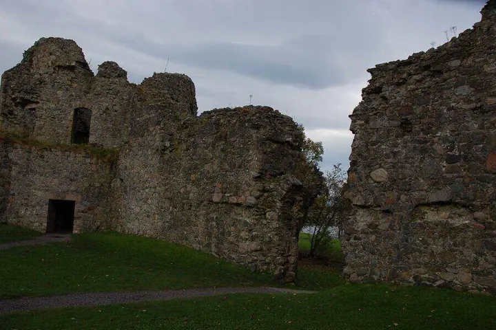 Broken walls and doorway inside Old Inverlochy Castle