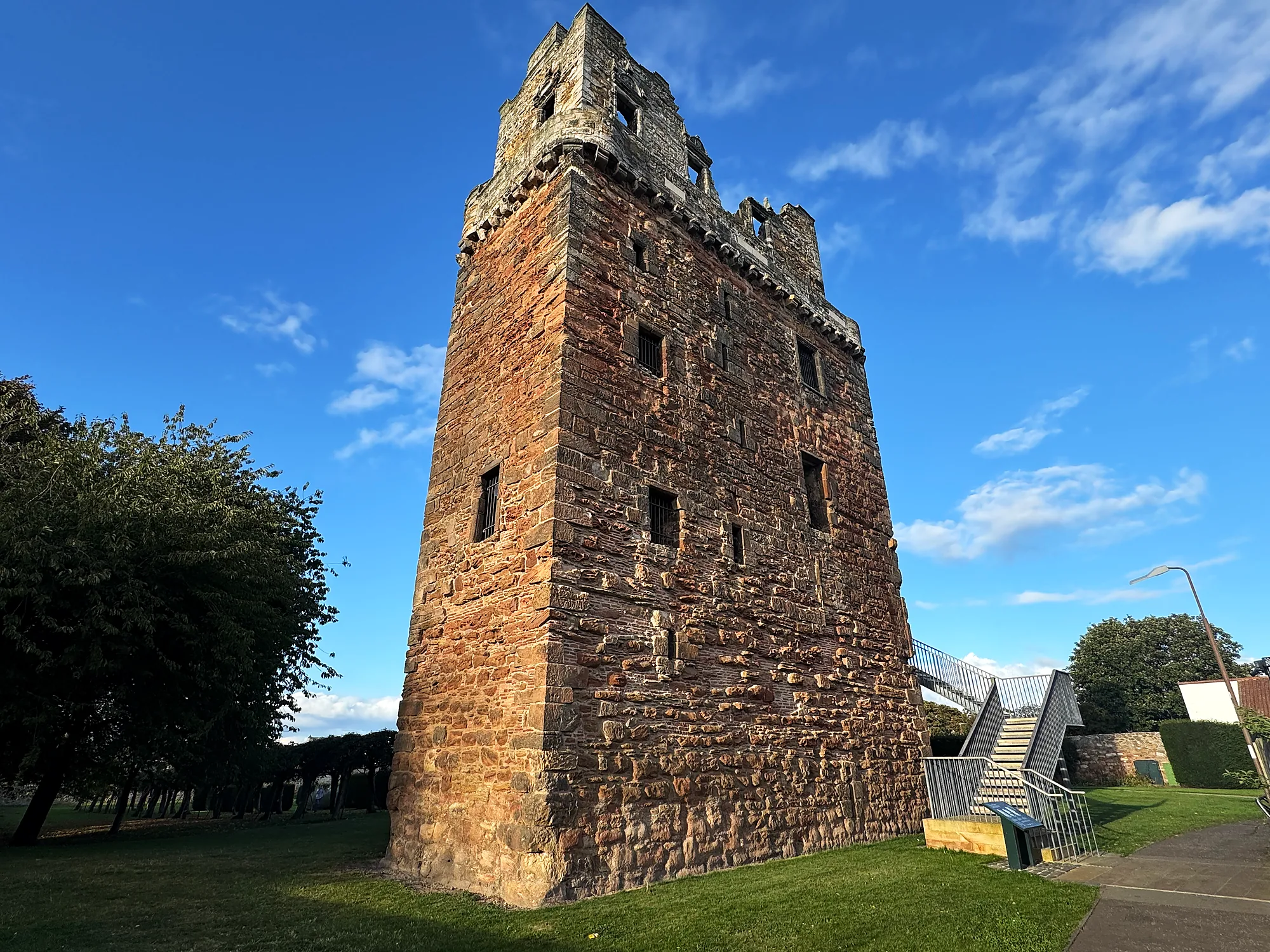Preston Tower seen from the garden, with its corner wing and external staircase