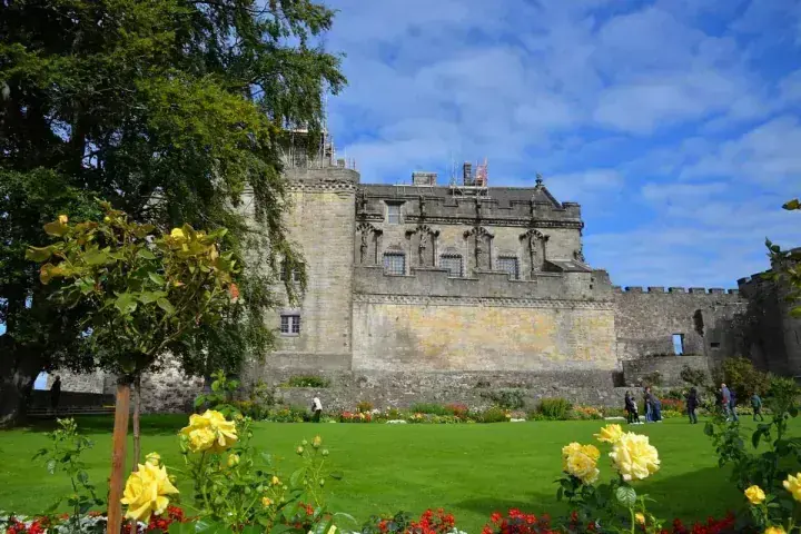 Stirling Castle garden with yellow roses and stone walls beyond