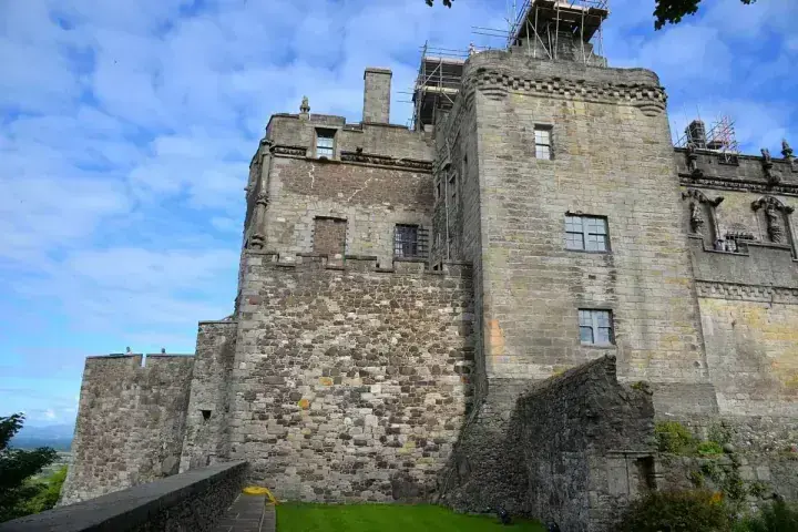 Stone tower and adjoining walls at Stirling Castle viewed from below