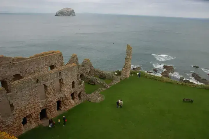 Tantallon Castle courtyard ruins with a rocky island offshore