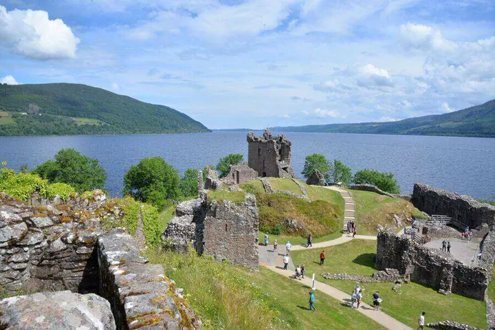 Urquhart Castle tower and paths above Loch Ness