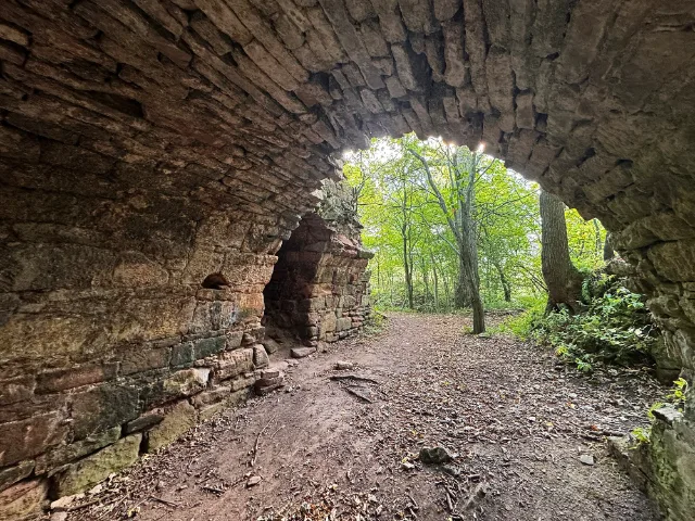 Vaulted stone passage looking towards the woodland