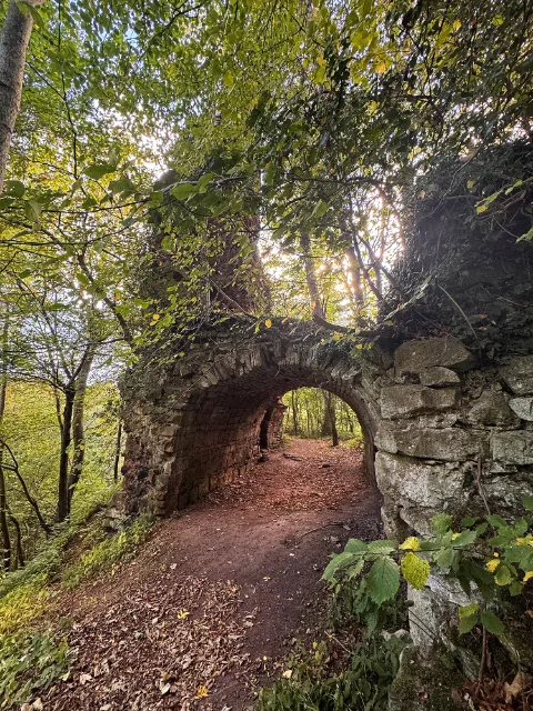 Yester Castle ruins and archway among trees